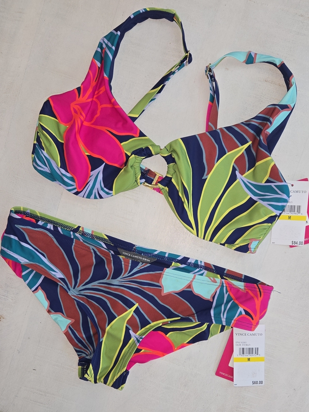 Vince Camuto Tropical Leaf Ring-Front Bikini in Navy, Pink & Lime NWT